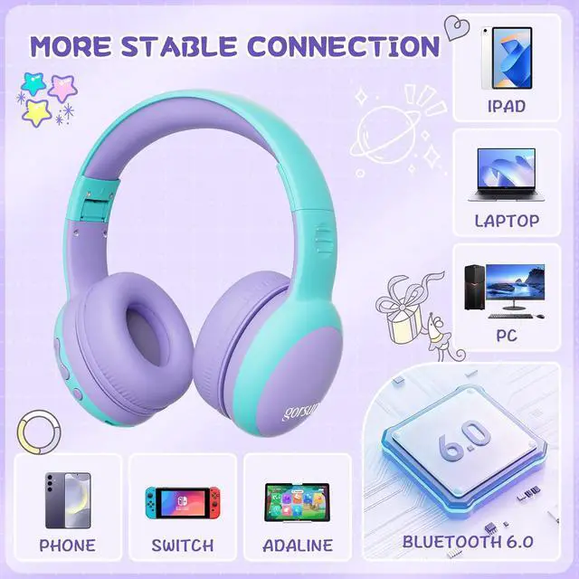 Alt view image 3 of 7 - Kids Bluetooth Headphones, Over-Ear Toddler Headphones with Microphone, 85dB/94dB Volume Limited, 68H Playtime, Bluetooth 6.0, Portable Kids Wireless Headset with Cat Ears (Purple)