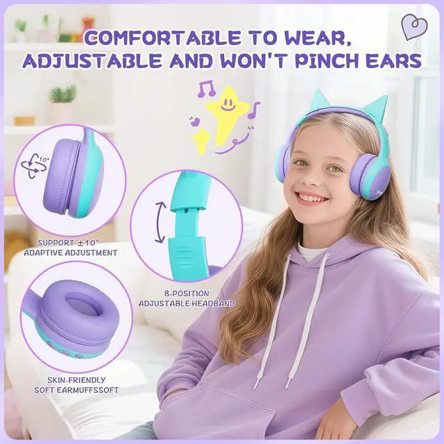Alt view image 4 of 7 - Kids Bluetooth Headphones, Over-Ear Toddler Headphones with Microphone, 85dB/94dB Volume Limited, 68H Playtime, Bluetooth 6.0, Portable Kids Wireless Headset with Cat Ears (Purple)