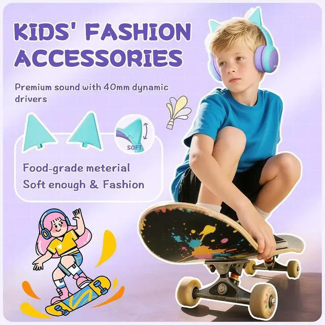 Alt view image 5 of 7 - Kids Bluetooth Headphones, Over-Ear Toddler Headphones with Microphone, 85dB/94dB Volume Limited, 68H Playtime, Bluetooth 6.0, Portable Kids Wireless Headset with Cat Ears (Purple)