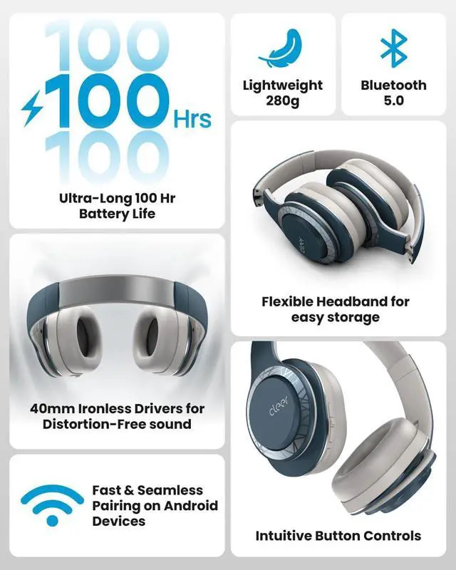 Alt view image 3 of 7 - Cleer Enduro 100 Bluetooth Headphones, 40mm Ironless Driver, Deep Bass Over the Ear Headphones, 100Hr Play, Dual-Mic, Clear Calls, Comfort Fit, Bluetooth 5.0, Hi-Res Foldable Wireless Headphone, Navy
