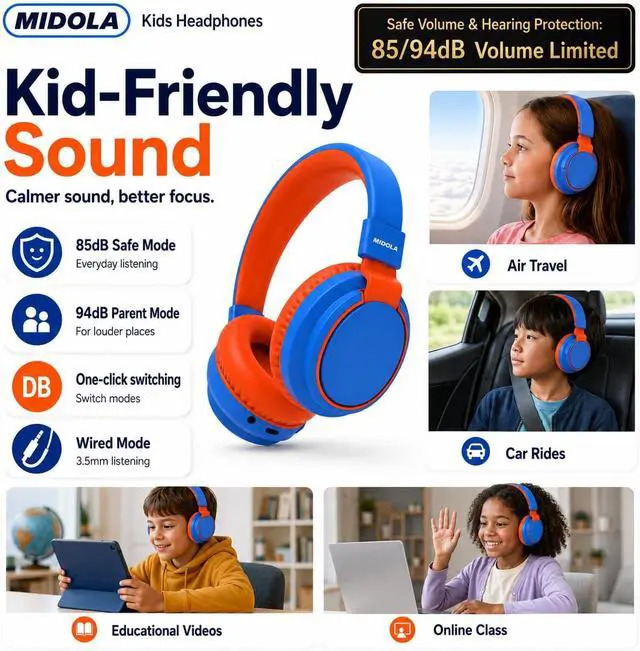 Alt view image 3 of 7 - Kids Bluetooth Headphones Wireless 68 Hours,Safe Volume Limit 85/94dB Blue | Adjustable Headband Foldable Over-Ear Lightweight Headsets for Toddler Girls Boys Tablet/iPad,HD Stereo,Built-in Mic