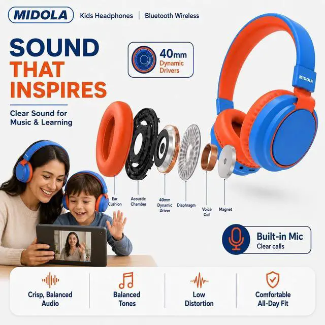 Alt view image 7 of 7 - Kids Bluetooth Headphones Wireless 68 Hours,Safe Volume Limit 85/94dB Blue | Adjustable Headband Foldable Over-Ear Lightweight Headsets for Toddler Girls Boys Tablet/iPad,HD Stereo,Built-in Mic