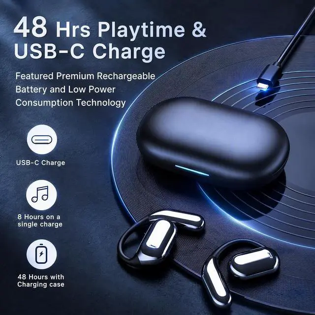 Alt view image 6 of 7 - Hsility Wireless Earbuds Bluetooth Earbuds Built-in Mic with Ear Hooks 50H Playtime Ear Buds LED Display Charging Case Waterproof Design for Running Fitness