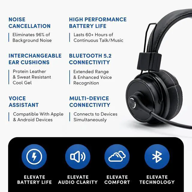 Alt view image 3 of 7 - Blue Tiger Elite Ultra 2.0 Wireless Bluetooth Headset - One-Ear Trucker | Professional Mono headset with mic, wireless noise cancelling, high-fidelity sound, 60-hour talk time, USB-C, Bluetooth 5.2