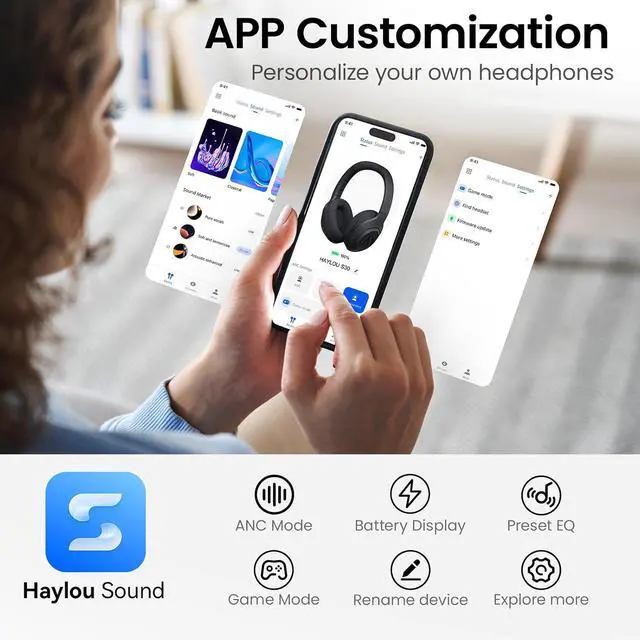 Alt view image 7 of 7 - HAYLOU S30 ANC Wireless Headphones, Bluetooth 5.4, 80H Over Ear Headset | LDAC Hi-Res Audio, 5 HD Mics for Calls, Custom EQ App, Multipoint Connection, Foldable Wireless Headphones