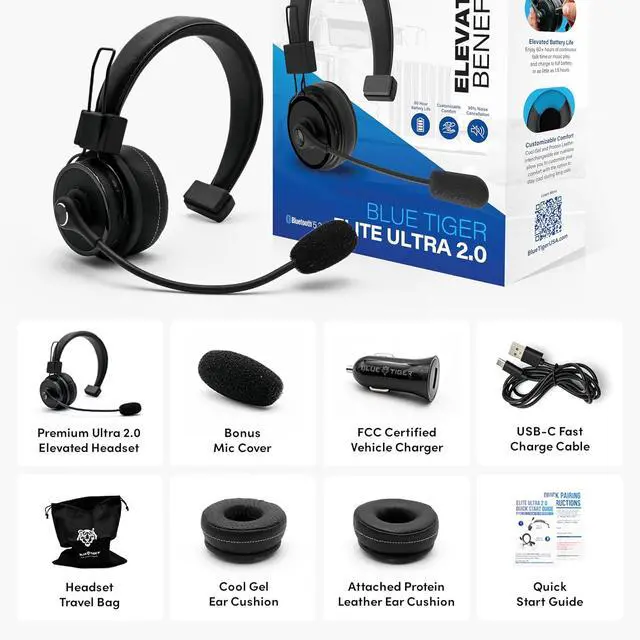 Alt view image 4 of 7 - Blue Tiger Elite Ultra 2.0 Wireless Bluetooth Headset - One-Ear Trucker | Professional Mono headset with mic, wireless noise cancelling, high-fidelity sound, 60-hour talk time, USB-C, Bluetooth 5.2