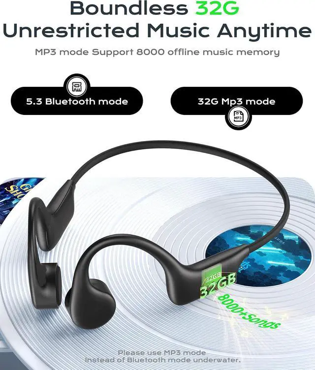 Alt view image 6 of 7 - DEMICEA Open Ear Sport Headphones, Wireless Bone Conduction Earphones, Built-in 32GB MP3,with Mic, IP68, Sweat & Water Resistant, Up to 8 Hours Battery, Bluetooth 5.3,for Running,Swimming,Workouts