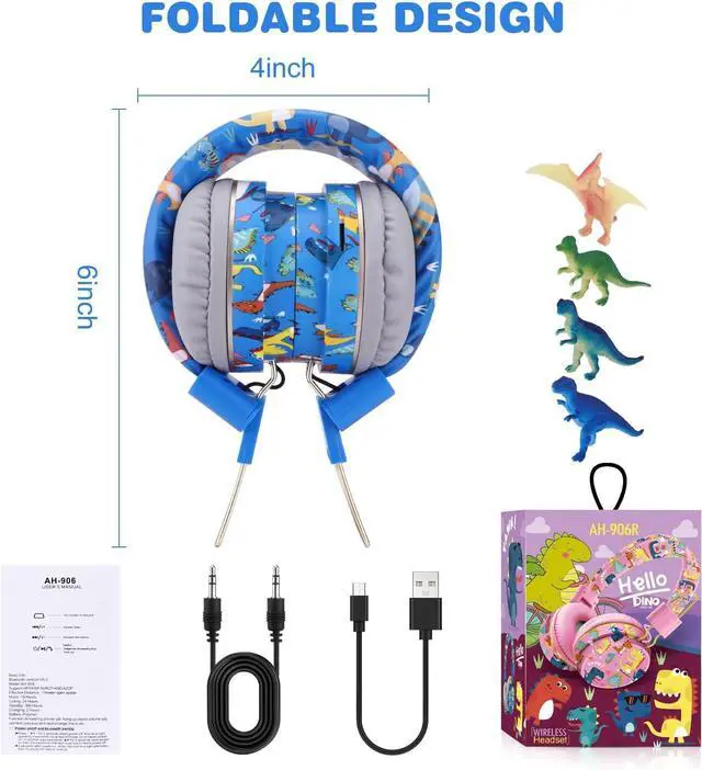 Alt view image 7 of 7 - QearFun Dinosaur Kids Bluetooth Headphones, 85dB Safe Volume Limit | For kids at school, tablet, travel, or airplane use, enjoy wireless mode, mic, Bluetooth 5.2, fast charging, foldable design