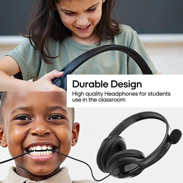 Alt view image 3 of 7 - Bulk Headphones with Microphone 10 Pack for Classroom School, Wholesale Durable On-Ear Wired Headsets for Kids Students Adults Office Computer
