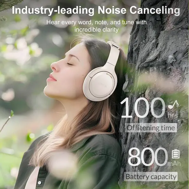 Alt view image 5 of 6 - LORELEI QC60 Hybrid Active Noise Cancenlling Headphones,Wireless Over Ear Bluetooth Headsets with mic,100H Playtime 3 EQ Mode Deep Bass, Memory Earmuffs,for Travel Home Office(Beige White)