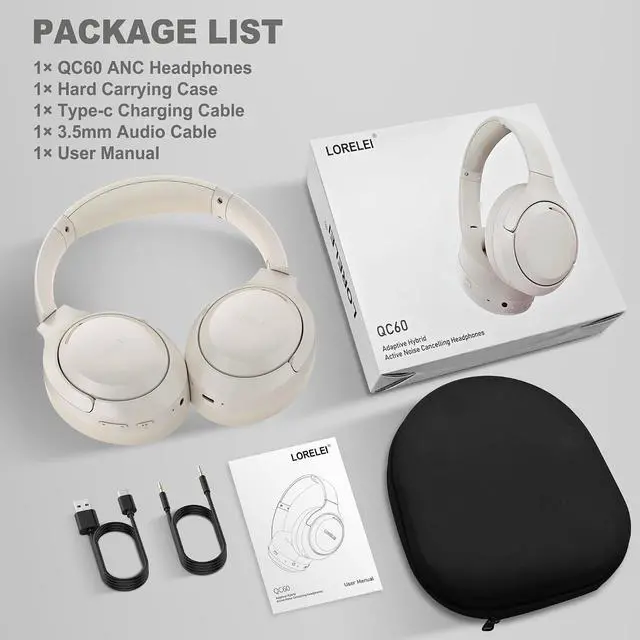 Alt view image 6 of 6 - LORELEI QC60 Hybrid Active Noise Cancenlling Headphones,Wireless Over Ear Bluetooth Headsets with mic,100H Playtime 3 EQ Mode Deep Bass, Memory Earmuffs,for Travel Home Office(Beige White)