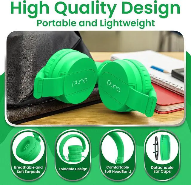 Alt view image 5 of 7 - Puro Sound Labs - Kids Headphones, Volume-Limiting 85dB, PuroBasic, Green | Adjustable, Safer & Comfortable Headphones for Kids Compatible with PCs, Smartphones & Tablets, Ideal for School & Travel