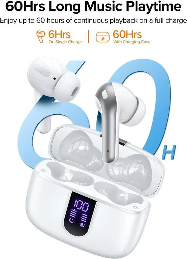 Alt view image 2 of 7 - TAGRY Bluetooth Headphones True Wireless Earbuds 60H Playback LED Power Display Earphones with Wireless Charging Case IPX5 Waterproof in-Ear Ear buds with Mic for TV Smart Phone Laptop Computer Sports