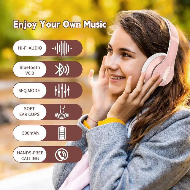 Alt view image 6 of 7 - Wireless Bluetooth Headphones Over Ear V6.0 HiFi Stereo with Mic | 65H Playtime 6EQ Modes Foldable Bluetooth Headset with Microphone for Travel Smartphone Computer Laptop Rose Gold