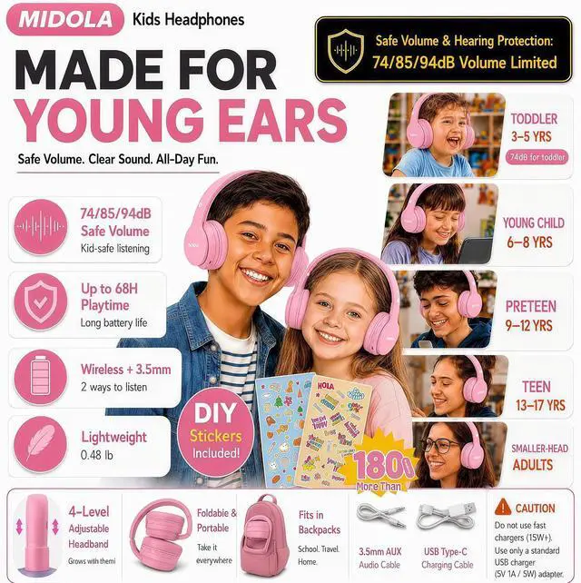Alt view image 2 of 7 - Kids Bluetooth Headphones Wireless 68 Hours,Safe Volume Limit 85/94dB Pink | Adjustable Headband Foldable Over-Ear Lightweight Headsets for Toddler Girls Boys Tablet/iPad,HD Stereo,Built-in Mic