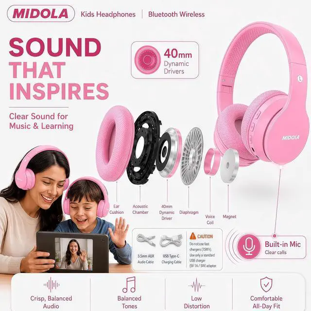 Alt view image 7 of 7 - Kids Bluetooth Headphones Wireless 68 Hours,Safe Volume Limit 85/94dB Pink | Adjustable Headband Foldable Over-Ear Lightweight Headsets for Toddler Girls Boys Tablet/iPad,HD Stereo,Built-in Mic