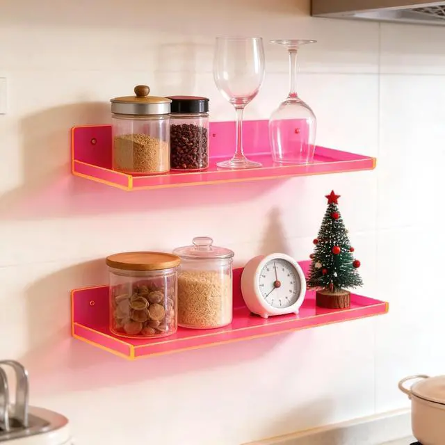 Alt view image 7 of 7 - Floating Shelves for Wall Acrylic Wall Shelves for Bedroom Bathroom Living Room Kitchen 16.5X5.5'', Pack of 2, Neon Pink