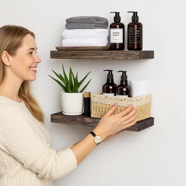 Alt view image 2 of 6 - BGMG Floating Shelves 16 inch Long, Distressed Rustic Wooden Wall Shelves for Bathroom Living Room Bedroom Kitchen Farmhouse Set of 2-16x6.7x1.25 inch-Distressed Walnut