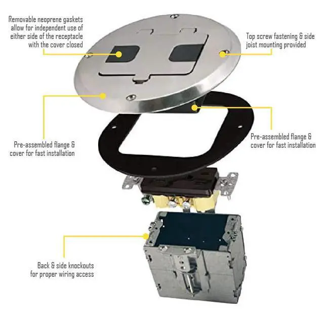 Alt view image 7 of 7 - RACO 1-Gang Floor Box Kit, Recessed Duplex 15A TR Device, Steel Box, Nickel