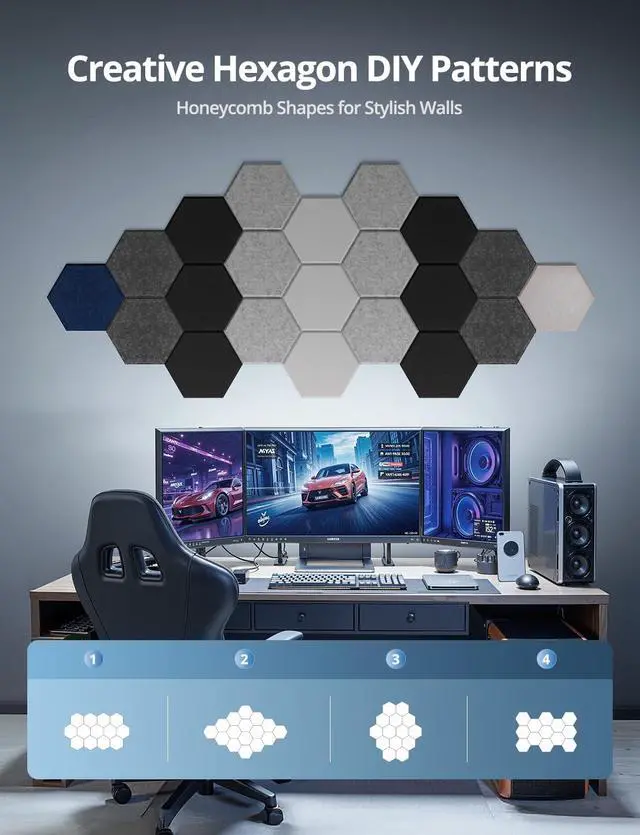 Alt view image 2 of 7 - Kuchoow Hexagon Acoustic Wall Panels Sound Absorbing Self Adhesive Tiles