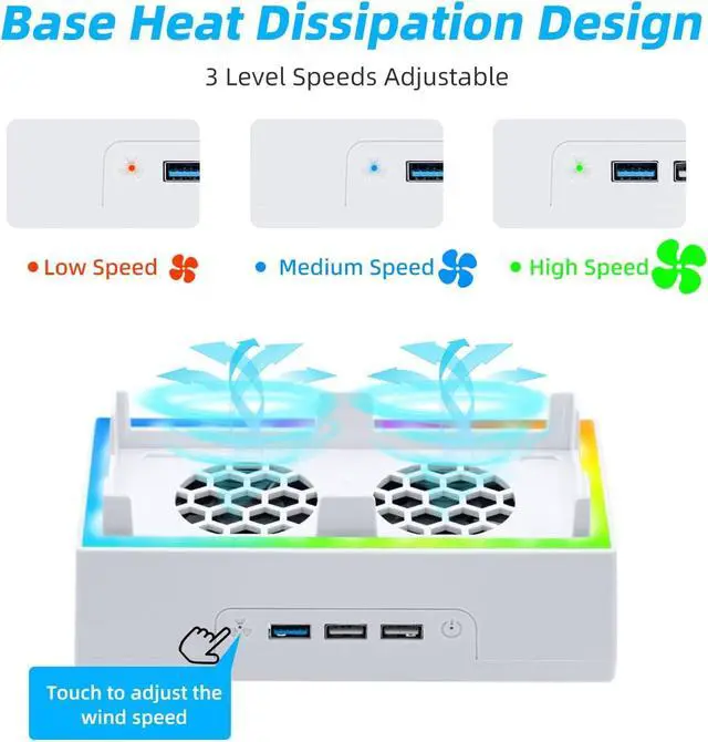 Alt view image 2 of 7 - Mcbazel Wall Mount for Xbox Series S, Wall Mount Kit Accessories with Dual Cooling Fans & RGB Light, 3-Speed Adjustable Stand, Extra USB Ports, 2 Controller Holder for Xbox Series S Console - White