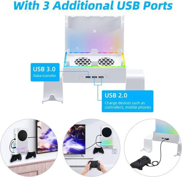 Alt view image 3 of 7 - Mcbazel Wall Mount for Xbox Series S, Wall Mount Kit Accessories with Dual Cooling Fans & RGB Light, 3-Speed Adjustable Stand, Extra USB Ports, 2 Controller Holder for Xbox Series S Console - White