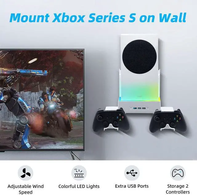 Alt view image 5 of 7 - Mcbazel Wall Mount for Xbox Series S, Wall Mount Kit Accessories with Dual Cooling Fans & RGB Light, 3-Speed Adjustable Stand, Extra USB Ports, 2 Controller Holder for Xbox Series S Console - White