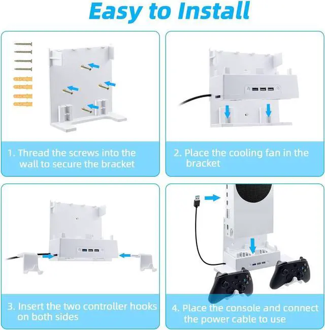 Alt view image 6 of 7 - Mcbazel Wall Mount for Xbox Series S, Wall Mount Kit Accessories with Dual Cooling Fans & RGB Light, 3-Speed Adjustable Stand, Extra USB Ports, 2 Controller Holder for Xbox Series S Console - White
