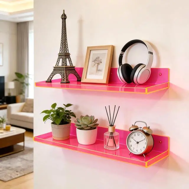 Alt view image 2 of 7 - Floating Shelves for Wall Acrylic Wall Shelves for Bedroom Bathroom Living Room Kitchen 16.5X5.5'', Pack of 2, Neon Pink