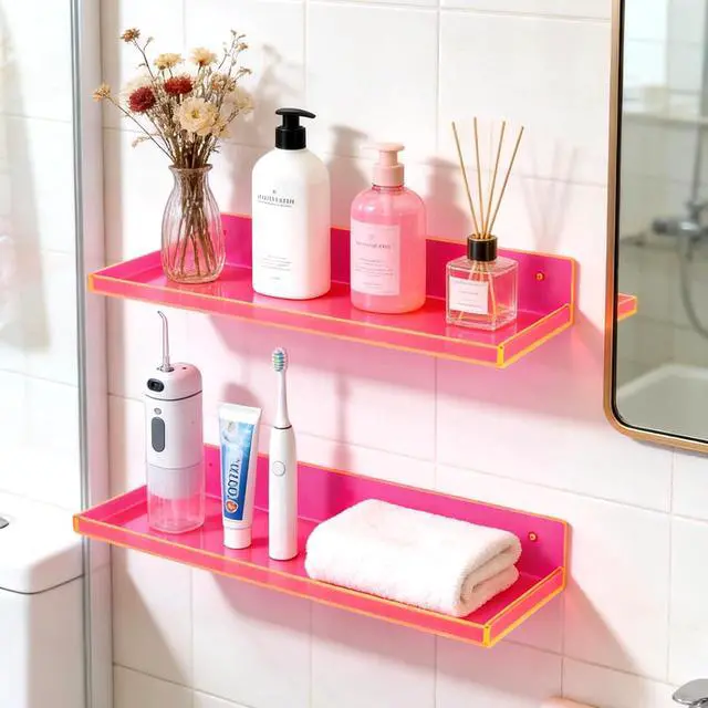 Alt view image 6 of 7 - Floating Shelves for Wall Acrylic Wall Shelves for Bedroom Bathroom Living Room Kitchen 16.5X5.5'', Pack of 2, Neon Pink