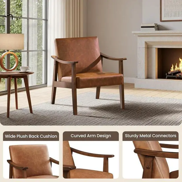 Alt view image 4 of 7 - Yaheetech Accent Chair, Mid-Century Armchair with High Back Brown