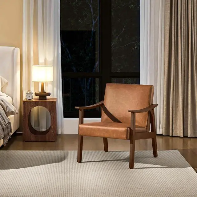 Alt view image 2 of 7 - Yaheetech Accent Chair, Mid-Century Armchair with High Back Brown
