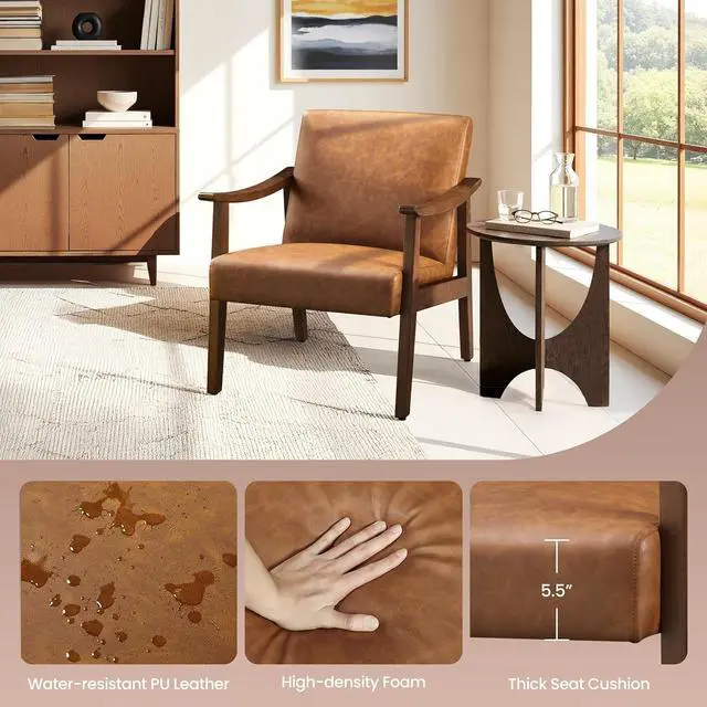 Alt view image 5 of 7 - Yaheetech Accent Chair, Mid-Century Armchair with High Back Brown