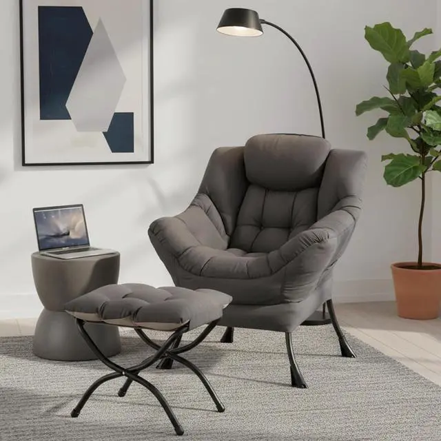 Alt view image 3 of 7 - Modern Lazy Chair with Ottoman Lounge Accent Reading Chair for Living Room
