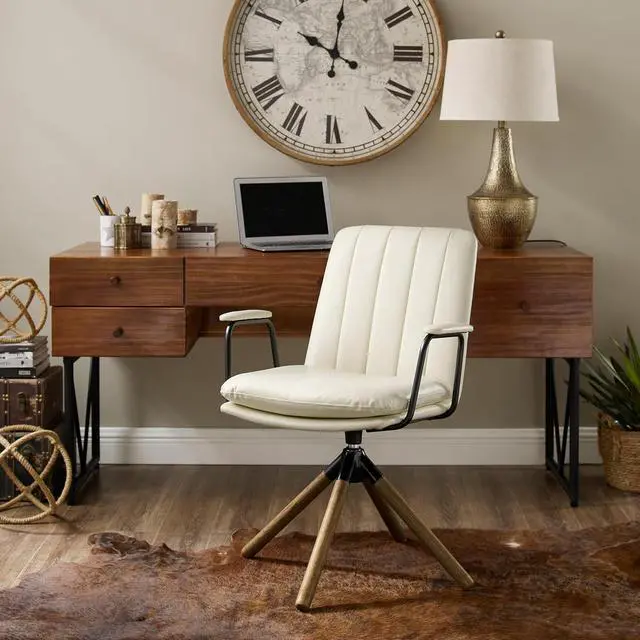 Main image of Art Leon Mid Century Swivel Accent Chair No Wheels, Faux Leather, White