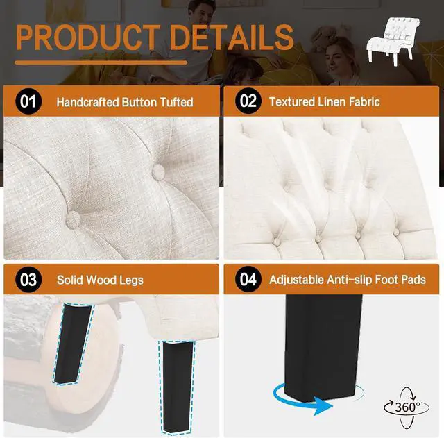 Alt view image 5 of 7 - Mid Century Modern Accent Chair, Upholstered Button Tufted Chair