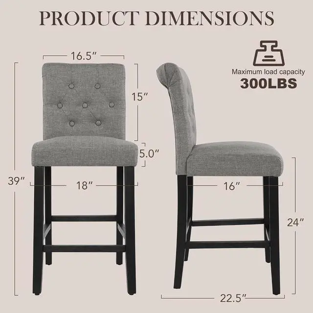 Alt view image 2 of 7 - GOTMINSI 24inch Counter Height Bar Stool, Set of 4 Counter Height Chairs for Kitchen Island Upholstered Back Bar Chairs Fabric Barstool with Button Tufted Decoration Leisure Style (Grey)