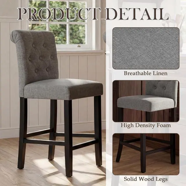 Alt view image 4 of 7 - GOTMINSI 24inch Counter Height Bar Stool, Set of 4 Counter Height Chairs for Kitchen Island Upholstered Back Bar Chairs Fabric Barstool with Button Tufted Decoration Leisure Style (Grey)