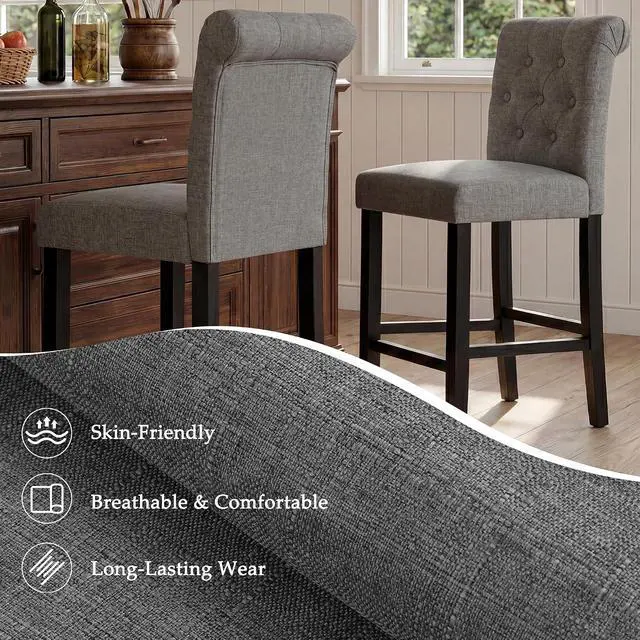 Alt view image 6 of 7 - GOTMINSI 24inch Counter Height Bar Stool, Set of 4 Counter Height Chairs for Kitchen Island Upholstered Back Bar Chairs Fabric Barstool with Button Tufted Decoration Leisure Style (Grey)