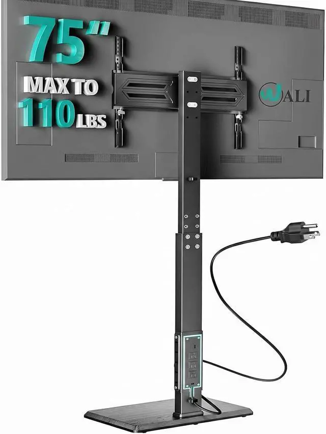 Main image of WALI Floor TV Stand with Power Outlet, Tall TV Stand Mount for 32-75 inch TV up to 110 lbs, Swivel and Height Adjustable TV Stands with Wood Base for Bedroom, Living Room(TVDVD-7P), Black