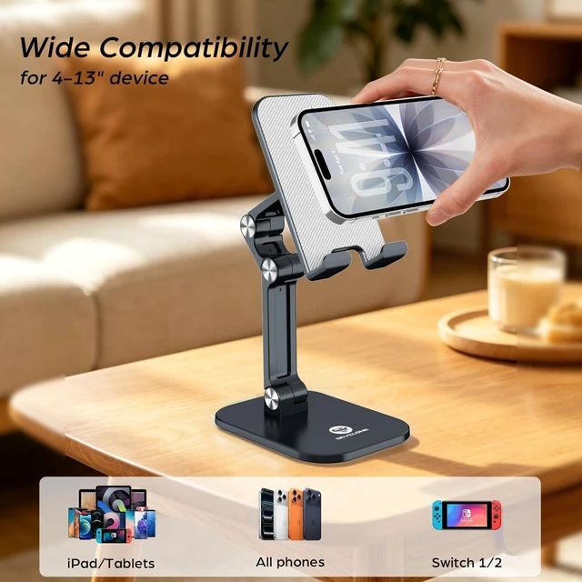 Alt view image 3 of 7 - OCYCLONE Phone Stand, Foldable Cell Phone Stand Holder for Desk Office Accessories Adjustable Height and Angle iPhone Stand - Black