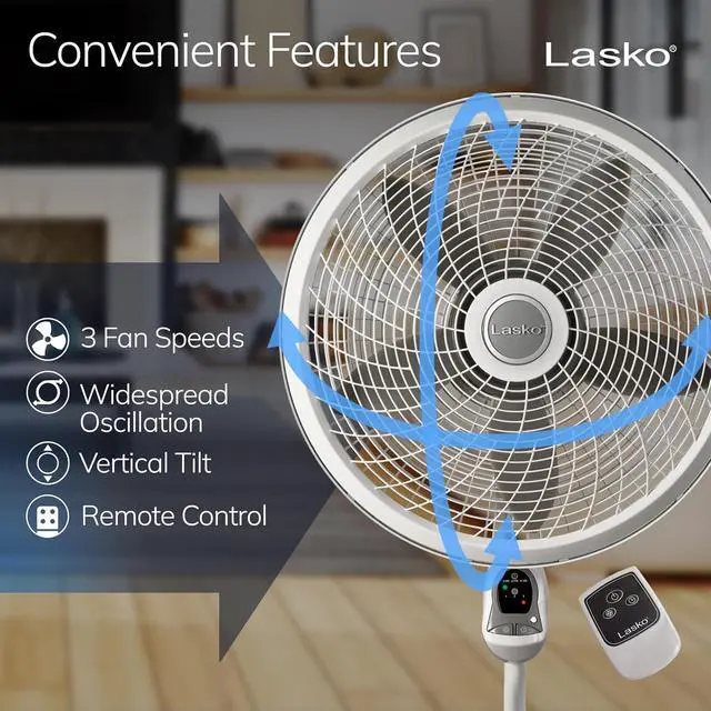 Alt view image 3 of 7 - Lasko Cyclone Pedestal Fan, Adjustable Height, Remote Control, Timer, 3 Speeds, for Bedroom, Kitchen, Office and Living Room, 18", White, 1885, Large
