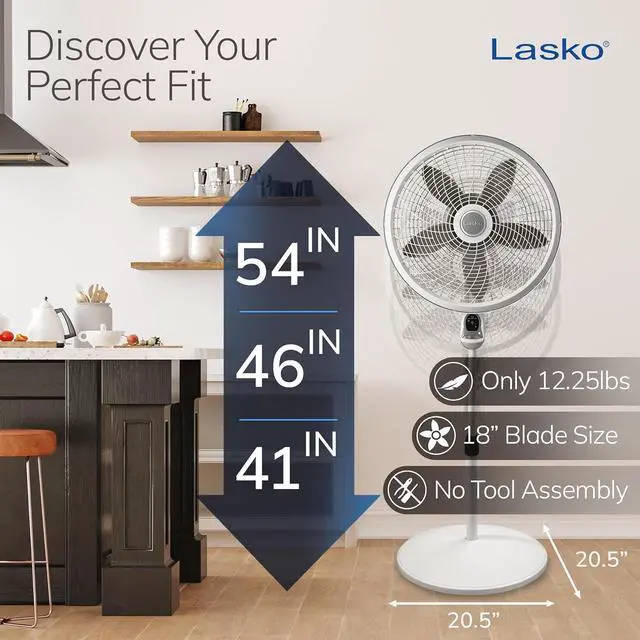 Alt view image 4 of 7 - Lasko Cyclone Pedestal Fan, Adjustable Height, Remote Control, Timer, 3 Speeds, for Bedroom, Kitchen, Office and Living Room, 18", White, 1885, Large