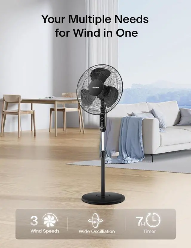 Alt view image 2 of 7 - PELONIS 16" Adjustable Oscillating Pedestal Fan with Remote for Bedroom