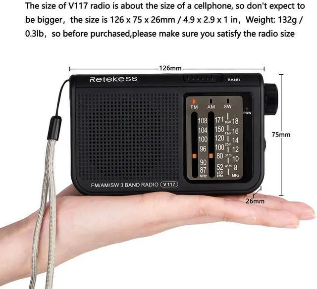 Alt view image 3 of 7 - Retekess V117 Portable Radios AM FM, Shortwave Radio(Black)