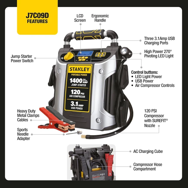 Alt view image 3 of 7 - Stanley J7C09D 1400 Amp Automotive Jump Starter, with Compressor