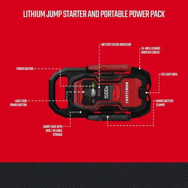 Alt view image 7 of 7 - CRAFTSMAN Portable Car Battery Jump Starter & Power Bank, 12V CMXCESM264