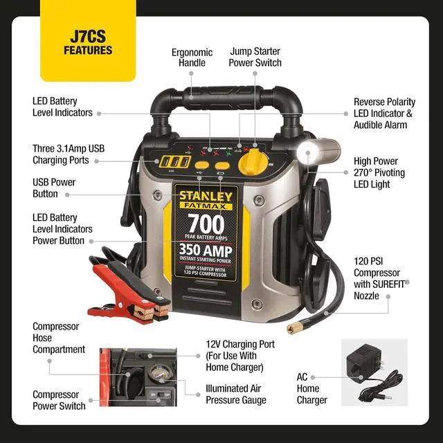 Alt view image 3 of 7 - Stanley J7CS 700 Amp Jump Starter with Compressor
