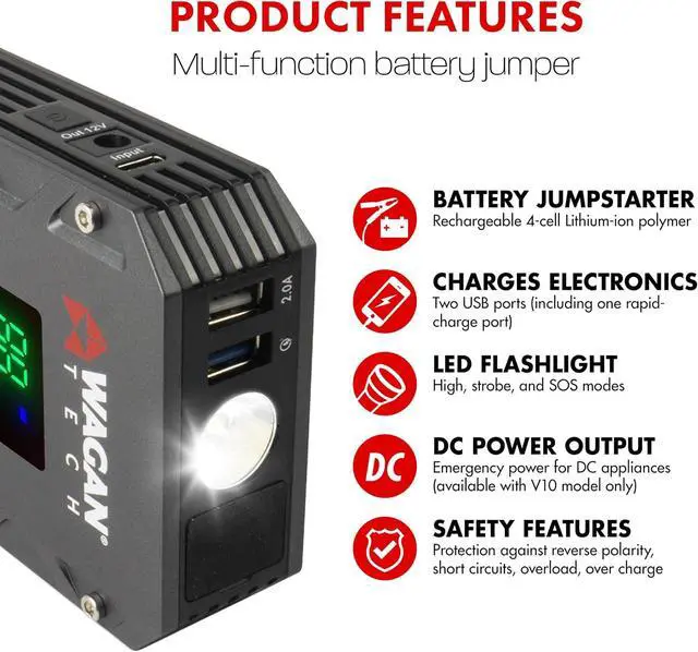 Alt view image 3 of 7 - Wagan EL7507 Jump Starter iOnBoost V10 Torque 1000Amp Peak 12V Portable Lithium Car Battery Up to 7.8L V10 or 6.7L Diesel, 12V Jump Pack with Built-in LED Bright Light, UL Certified