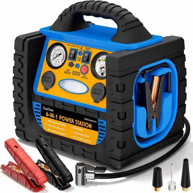 Main image of Car Jump Starter with Air Compressor, 1800A Battery Booster Pack for Up to 8.0L Gas & 6.0L Diesel, 150PSI Tire Inflator, 400W Portable Power Station with AC Outlet, 6-in-1 Jump Box for Cars, Trucks